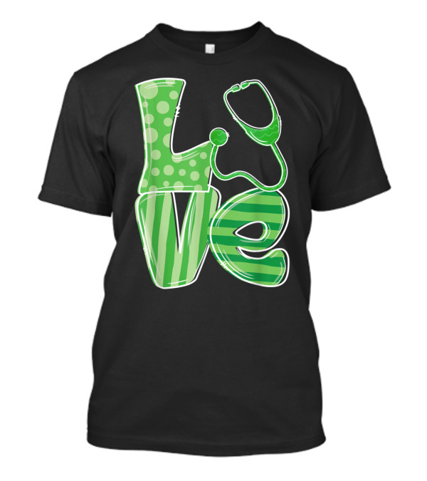 Love Stethoscope Nurse Funny St Patrick Striped Green Text T-Shirt