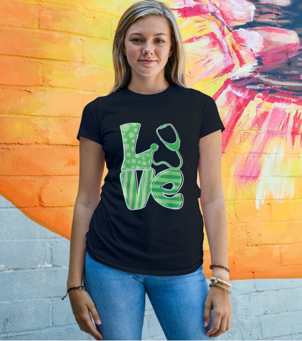 Love Stethoscope Nurse Funny St Patrick Striped Green Text T-Shirt