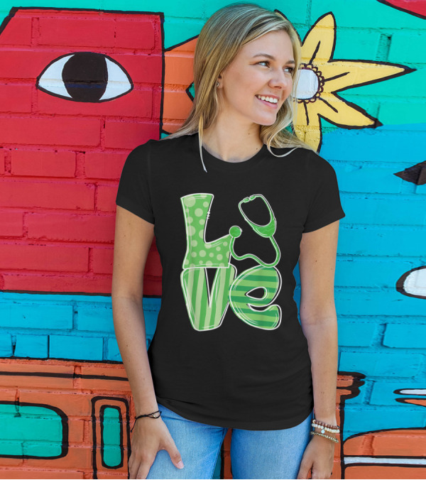 Love Stethoscope Nurse Funny St Patrick Striped Green Text T-Shirt