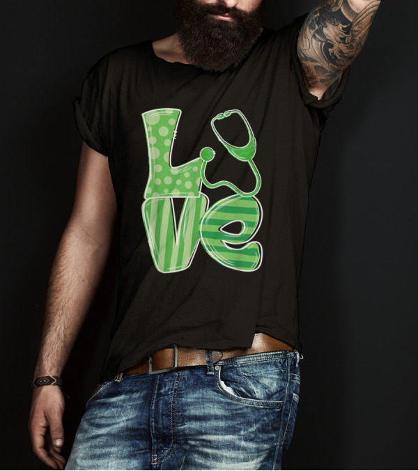 Love Stethoscope Nurse Funny St Patrick Striped Green Text T-Shirt