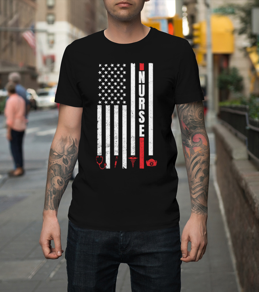 American USA Flag Nurse Stethoscope Caduceus Proud T-Shirt