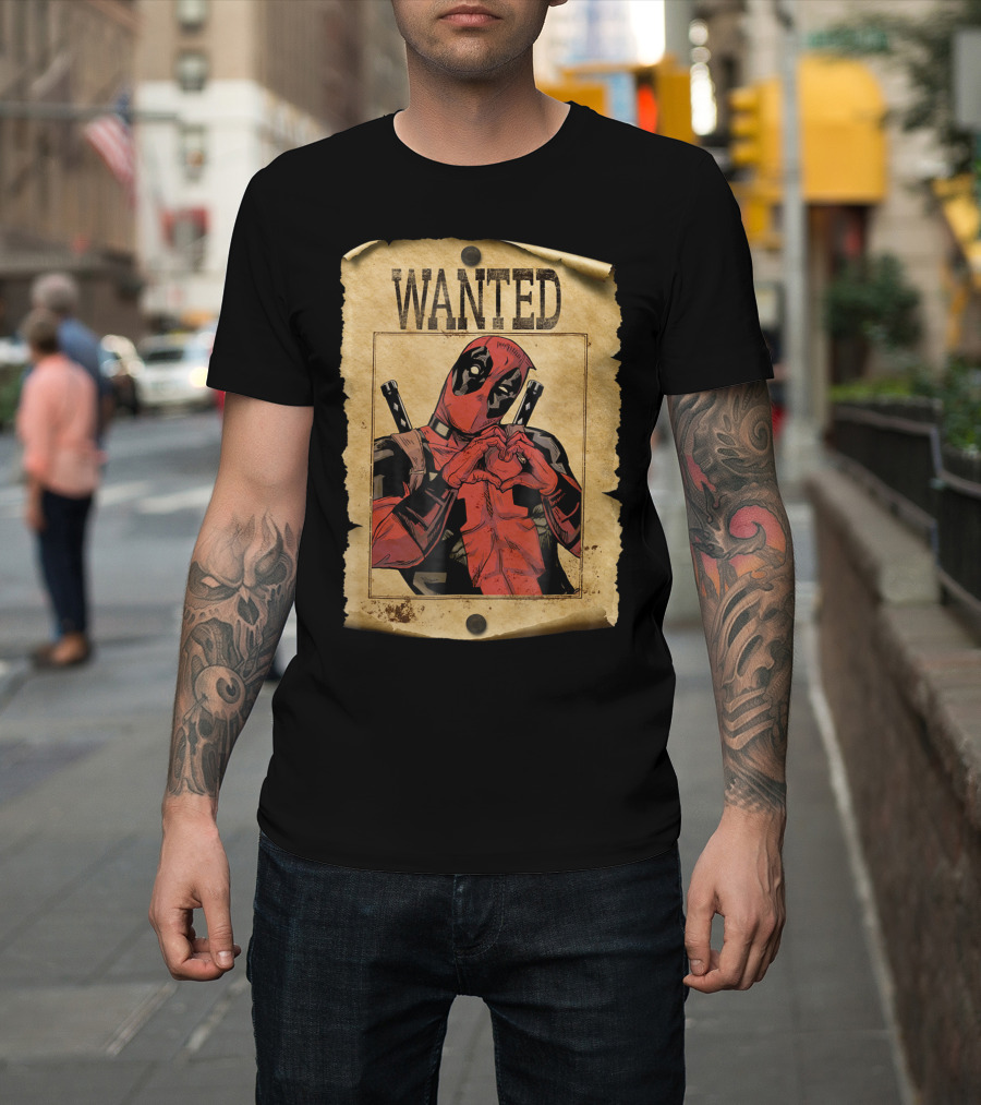 Marvel Deadpool Wanted Poster Hand Heart Gesture T-Shirt