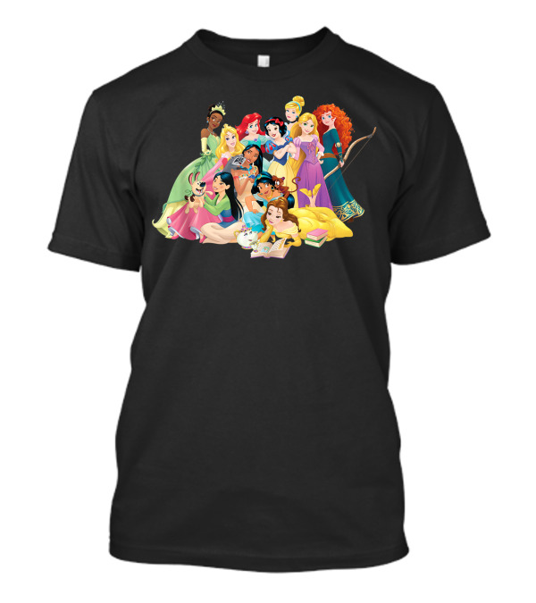 Disney Princess Group Photo With Tiana, Ariel, Belle, Snow White, Rapunzel, Merida, Cinderella, Jasmine, Pocahontas, Mulan T-Shirt