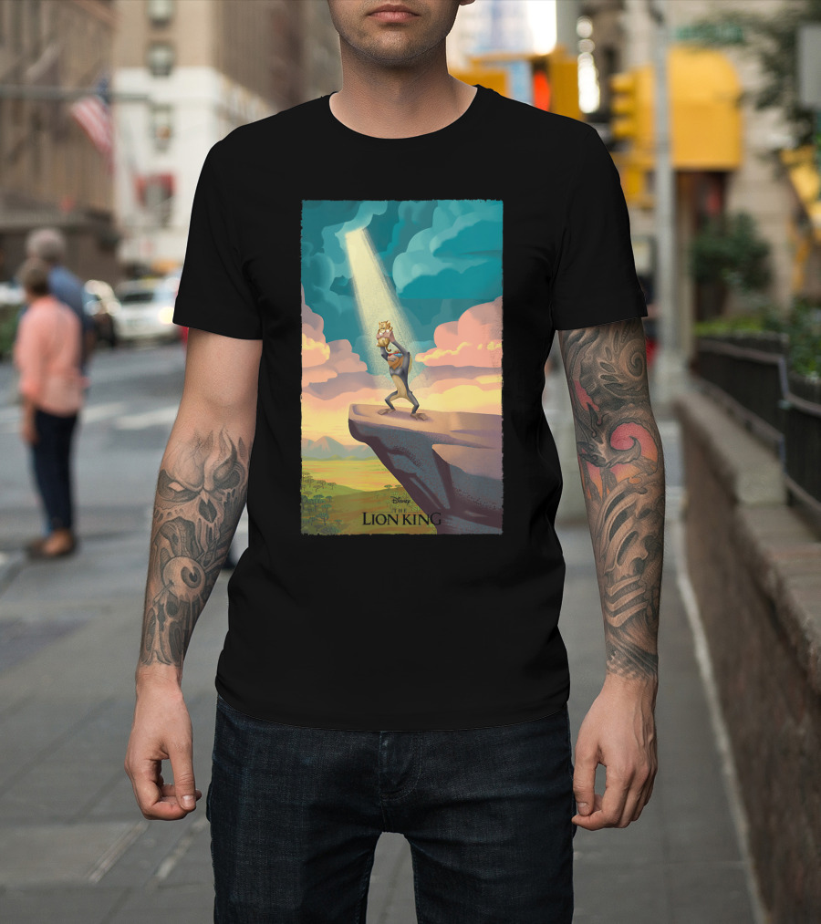 Disney The Lion King Rafiki Lifts Simba on Pride Rock with Sunrise Background T-Shirt