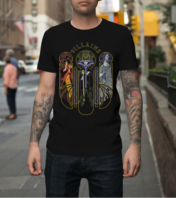 Shirt: Disney Villains Distressed Panel Featuring Evil Queen Hades Maleficent T-Shirt Disney Villains Distressed Panel Featuring Evil Queen Hades Maleficent T-Shirt