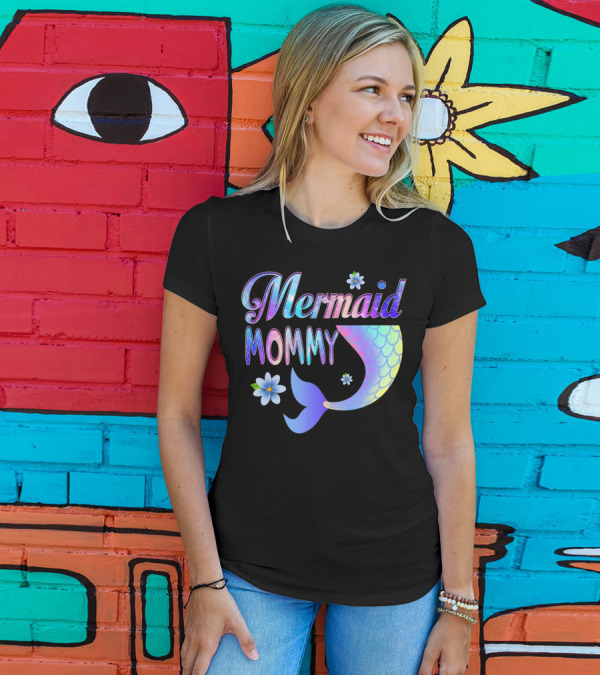 Mermaid Mommy Rainbow Tail Floral Accent T-Shirt