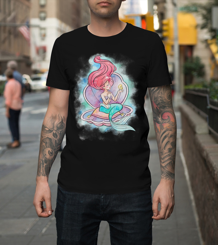 Disney Little Mermaid Ariel Sitting in Watercolor Seashell T-Shirt