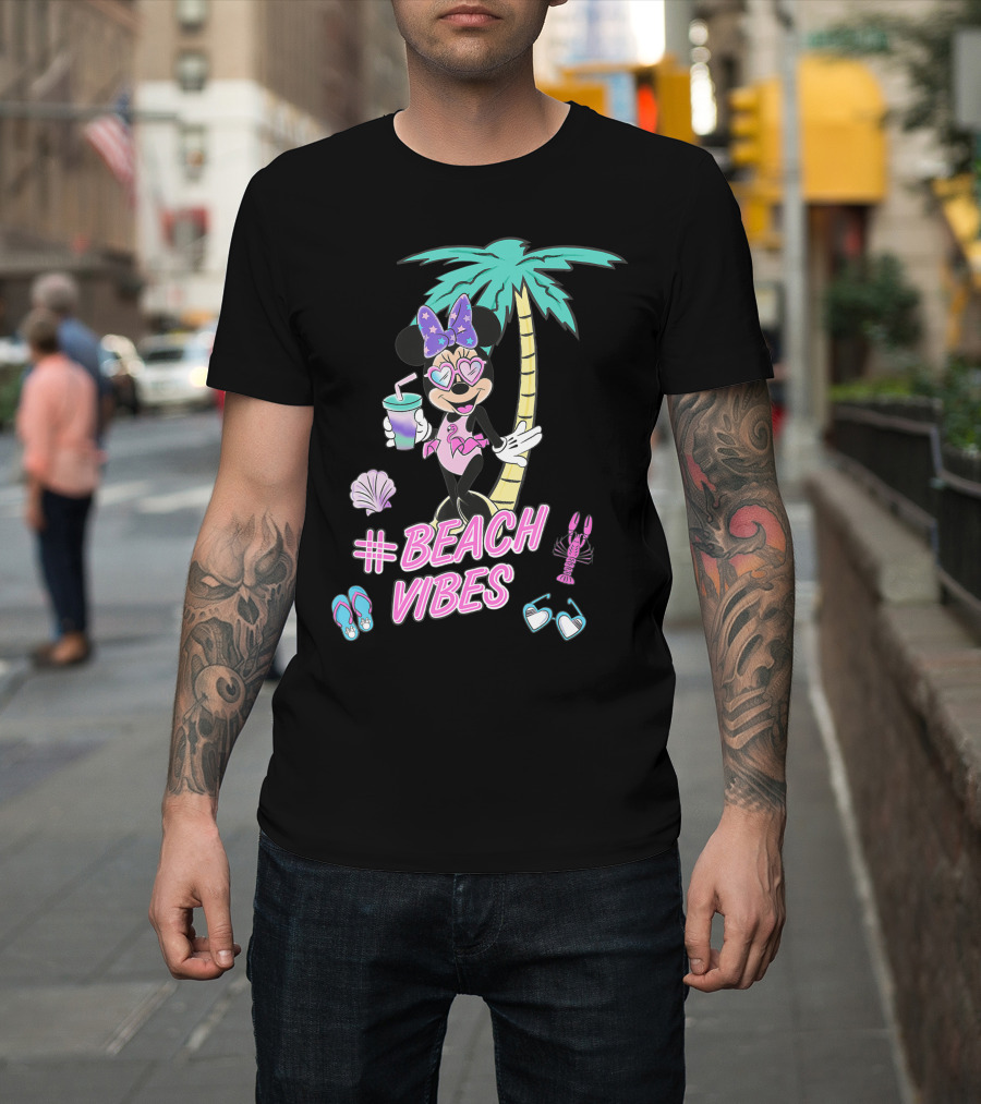 Disney Minnie Mouse Beach Vibes Palm Tree Shells Flip-Flops Drink Lobster Sunglasses T-Shirt