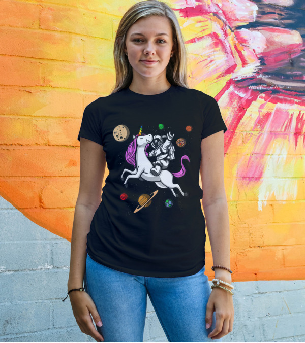 Space Astronaut Riding Unicorn With Cosmic Planets T-Shirt