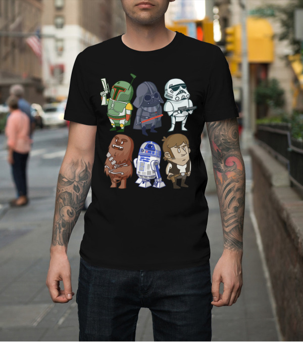 Shirt: Star Wars Character Doodles Boba Fett Darth Vader Stormtrooper Chewbacca R2-D2 Han Solo T-Shirt Star Wars Character Doodles Boba Fett Darth Vader Stormtrooper Chewbacca R2-D2 Han Solo T-Shirt