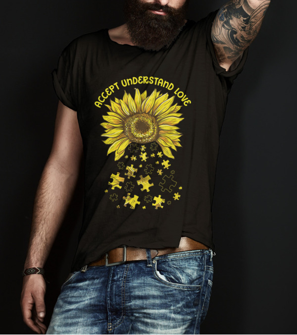 Accept Understand Love Autism Awareness Sunflower Puzzle Blossoms T-Shirt