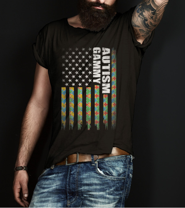Autism Awareness Gammy American Flag Puzzle Piece Stripes T-Shirt