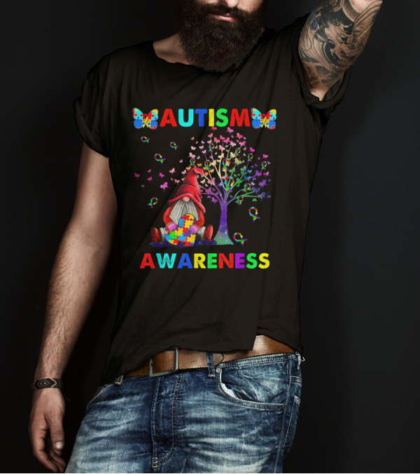 Autism Awareness Gnomes Puzzle Tree Ribbon Butterflies T-Shirt
