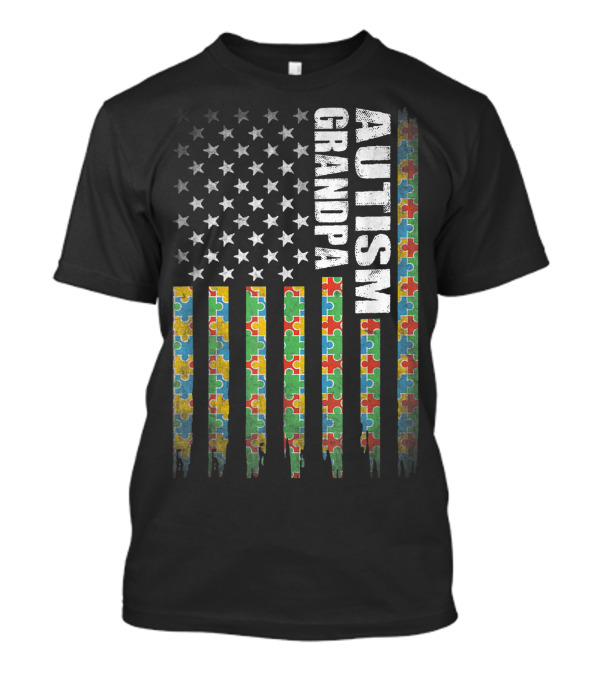 Autism Grandpa Puzzle American Flag Awareness T-Shirt