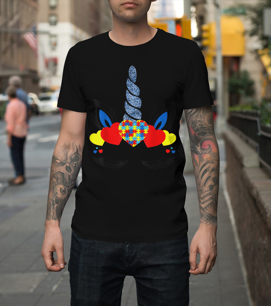 Autism Awareness Unicorn Face with Hearts and Puzzle Elements T-Shirt