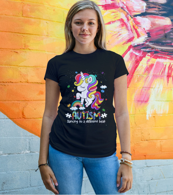 Autism Dancing To A Different Beat Colorful Unicorn Rainbow Puzzle Clouds T-Shirt