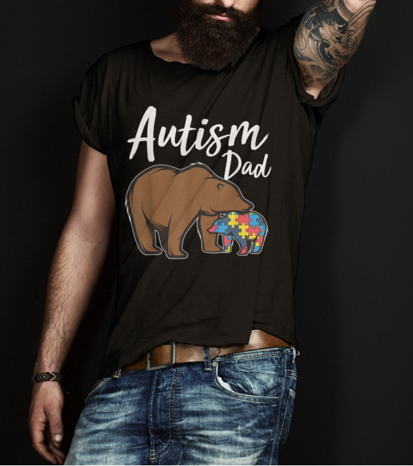 Autism Dad Bear With Autism Puzzle Pattern Cubs T-Shirt