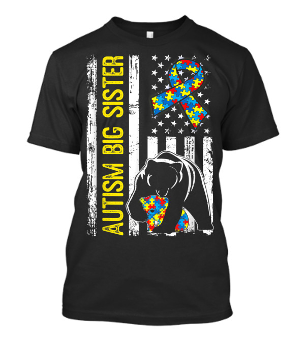 Autism Big Sister Bear Puzzle Ribbon Distressed American Flag T-Shirt