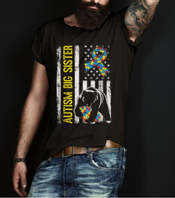 Autism Big Sister Bear Puzzle Ribbon Distressed American Flag T-Shirt