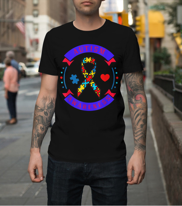 Shirt: Bright Colorful Autism Awareness Ribbon with Puzzle Piece and Heart T-Shirt Bright Colorful Autism Awareness Ribbon with Puzzle Piece and Heart T-Shirt