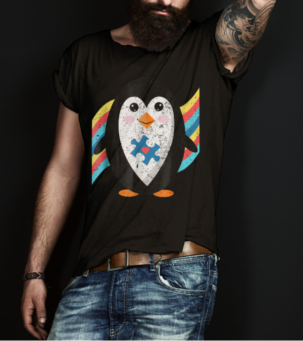 Cute Penguin With Autism Awareness Puzzle And Rainbow Stripes T-Shirt