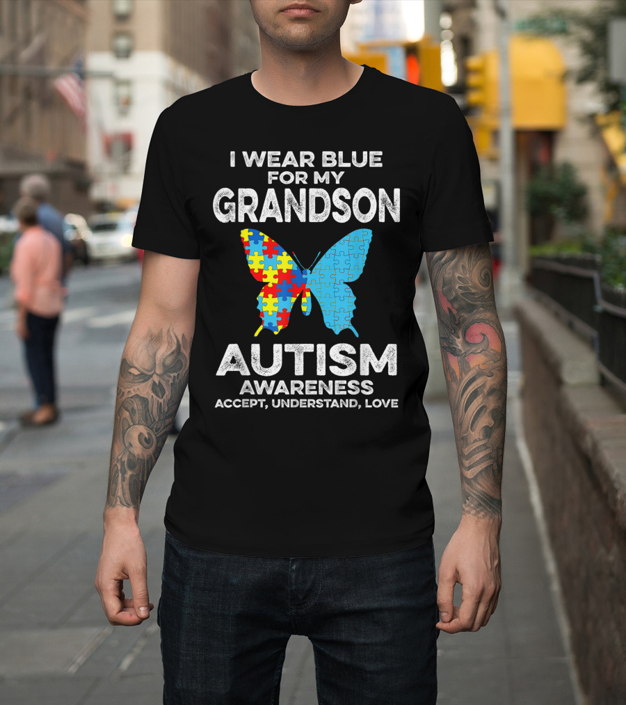 I Wear Blue for My Grandson Autism Awareness Accept Understand Love Puzzle Butterfly T-Shirt