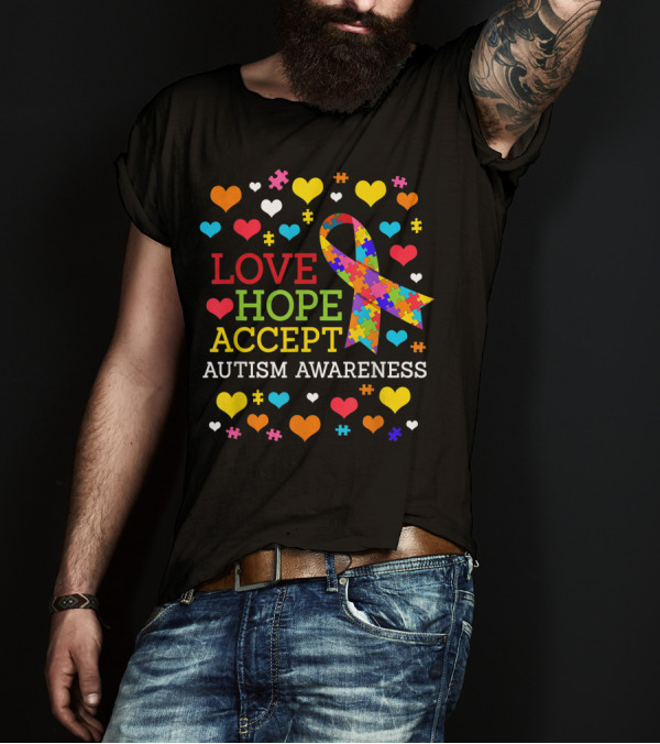Love Hope Accept Autism Awareness Ribbon Hearts Puzzle T-Shirt