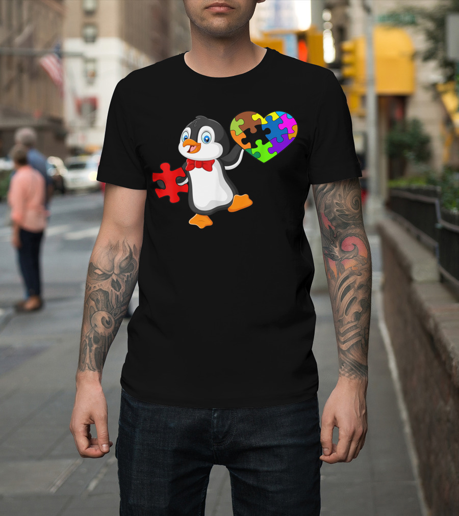 Penguin with Puzzle Piece Heart for Autism Awareness T-Shirt