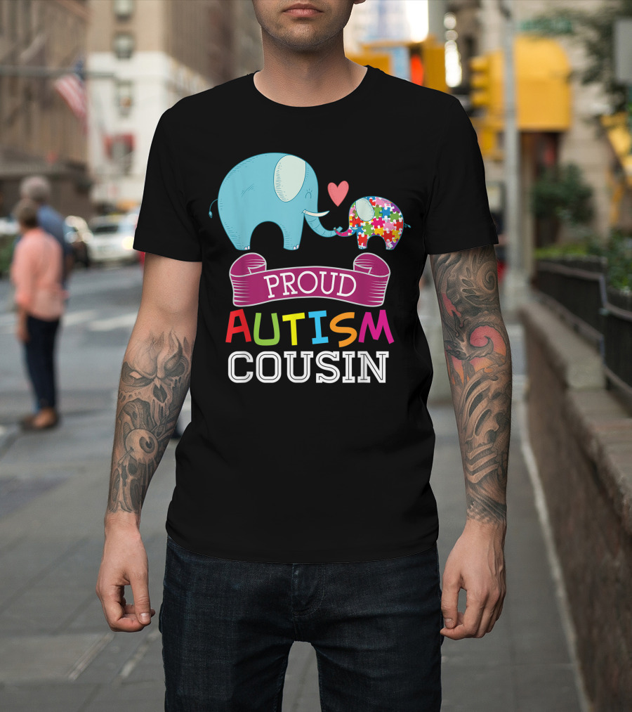Proud Autism Cousin Elephant Puzzle Heart Rainbow Awareness T-Shirt