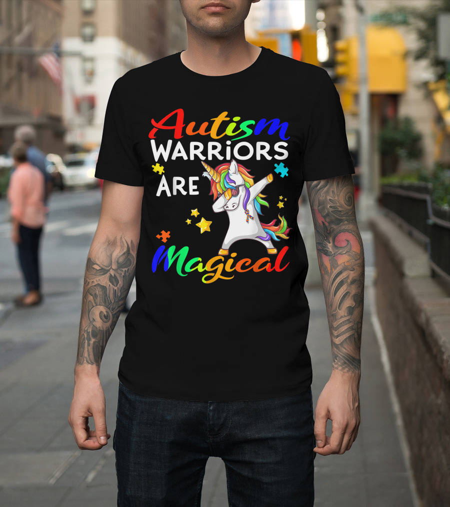 Autism Warriors Are Magical Unicorn with Puzzle Pieces and Dabbing Pose T-Shirt