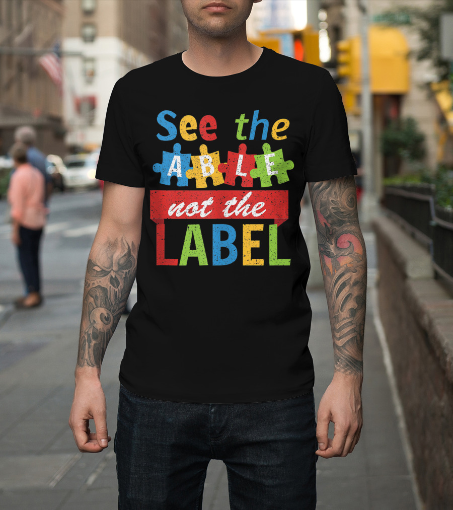Autism Awareness See The Able Not The Label Vintage Puzzle Pieces T-Shirt
