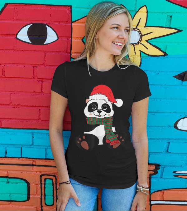 Christmas Panda Santa Hat Scarf Winter Vacation Animal Lovers T-Shirt