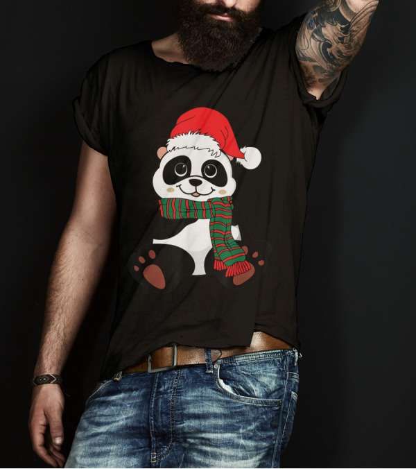 Christmas Panda Santa Hat Scarf Winter Vacation Animal Lovers T-Shirt