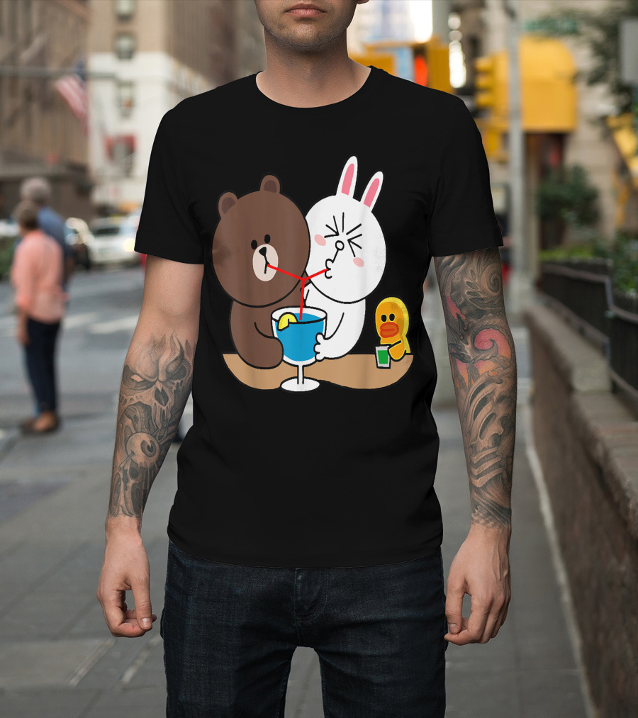 Cute Brown Bear Cony Bunny Rabbit Duck It's the Weekend Sharing Drinks T-Shirt