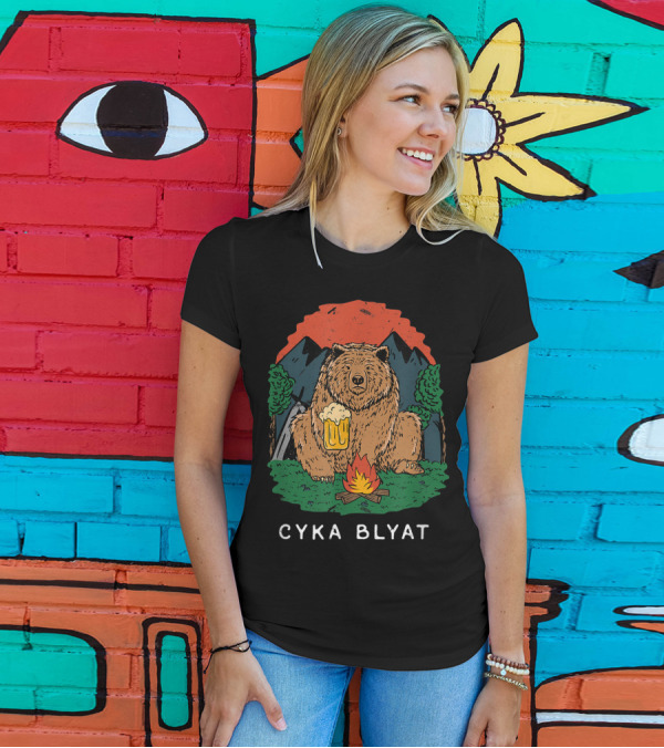 Cyka Blyat Russian Bear With Beer And Campfire Mountain Scene T-Shirt