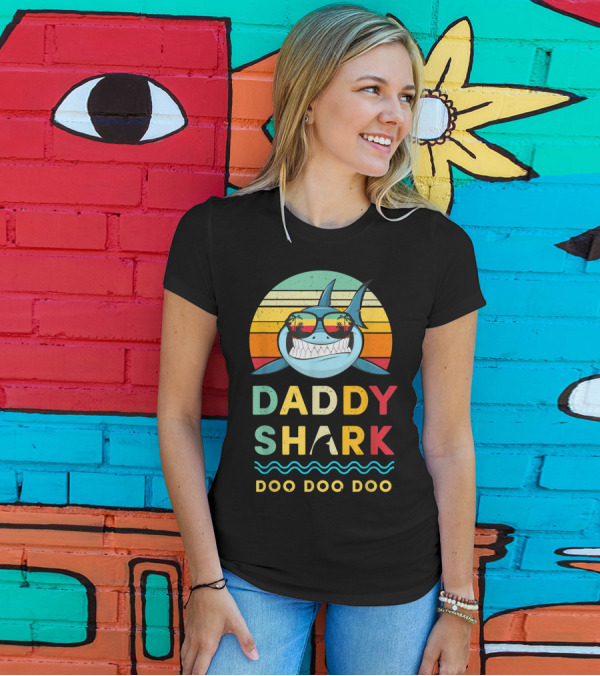 Daddy Shark Doo Doo Doo Retro Sunglasses Sunset Stripes T-Shirt