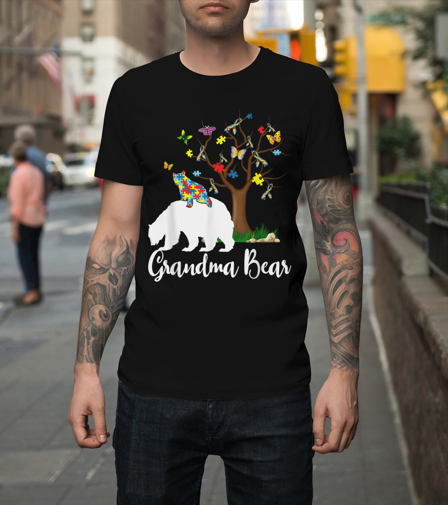 Grandma Bear Autism Awareness Puzzle Tree Butterflies T-Shirt