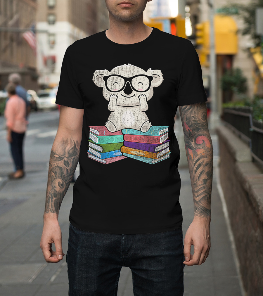 Koala Bear with Glasses Sitting on Colorful Stack of Books T-Shirt