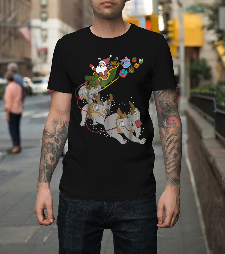 Santa Sleigh with Reindeer Koalas and Christmas Gifts T-Shirt