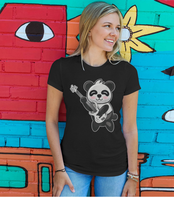 Panda Bear Playing Bass Guitar Double Bass Cute Cartoon Musical Panda T-Shirt