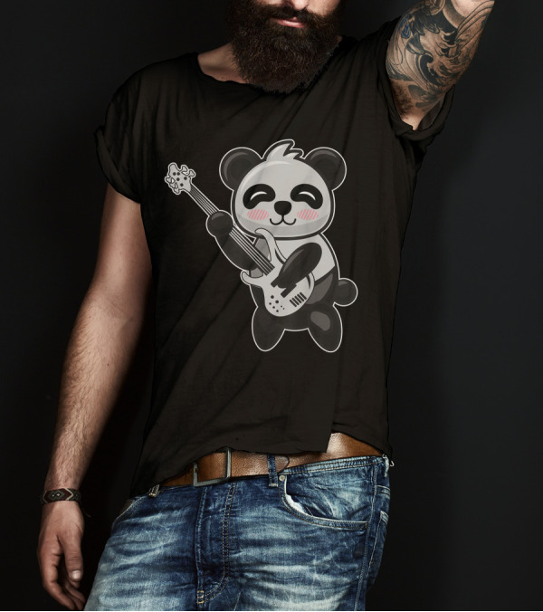 Panda Bear Playing Bass Guitar Double Bass Cute Cartoon Musical Panda T-Shirt