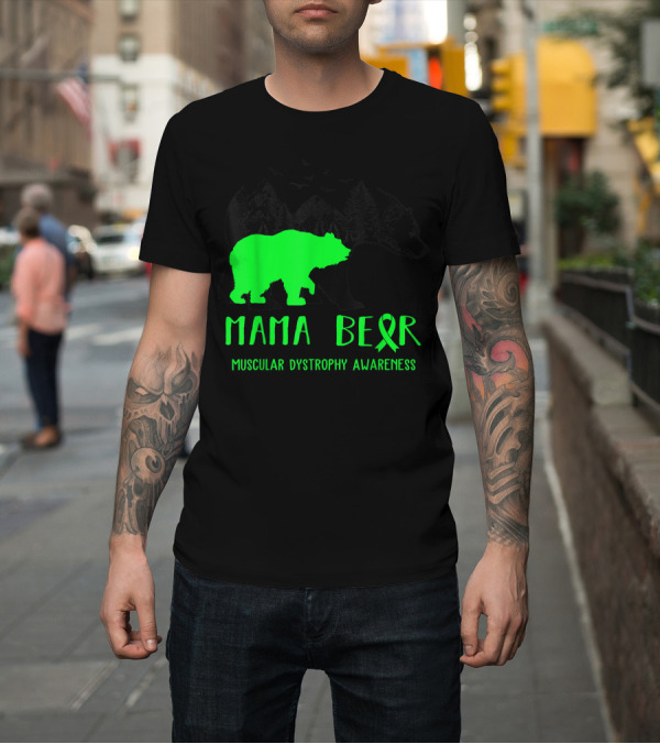 Shirt: Mama Bear Muscular Dystrophy Awareness Ribbon and Bear Silhouette Forest Scene T-Shirt Mama Bear Muscular Dystrophy Awareness Ribbon and Bear Silhouette Forest Scene T-Shirt