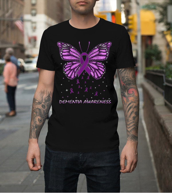 Shirt: Dementia Awareness Purple Ribbon Butterfly with Sparkles T-Shirt Dementia Awareness Purple Ribbon Butterfly with Sparkles T-Shirt