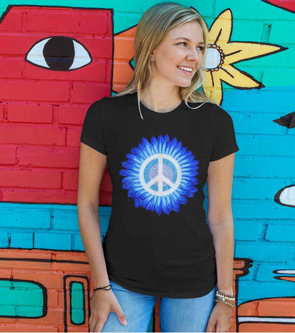 Blue Sunflower Peace Sign 60s 70s Love Retro Vintage Flower Power T-Shirt