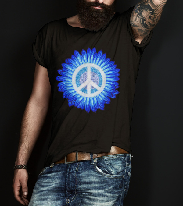 Blue Sunflower Peace Sign 60s 70s Love Retro Vintage Flower Power T-Shirt