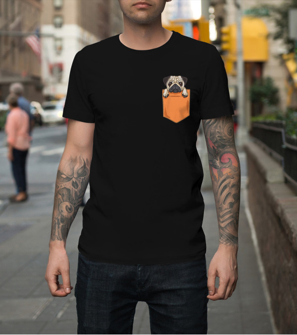 Shirt: Cute Kawaii Pug Dog Peeking from Orange Pocket for Dog Lovers Anime Style 7Q T-Shirt Cute Kawaii Pug Dog Peeking from Orange Pocket for Dog Lovers Anime Style 7Q T-Shirt