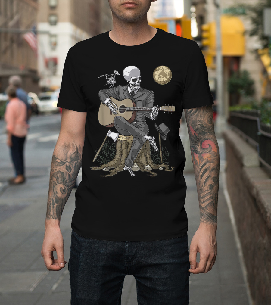 Skeleton Playing Acoustic Guitar Under Moon with Suit Fantasy Gothic Macabre Goth T-Shirt