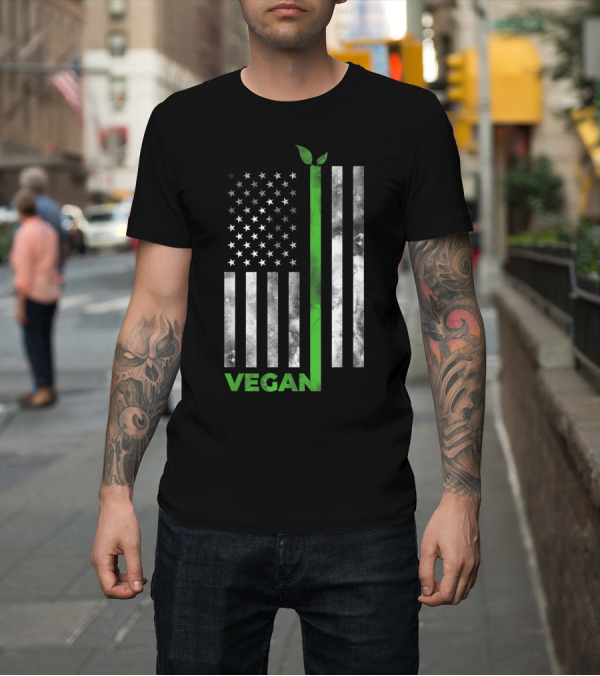 Shirt: Vegan American Flag with Green Plant Stripe for USA Vegetarian Farming T-Shirt Vegan American Flag with Green Plant Stripe for USA Vegetarian Farming T-Shirt