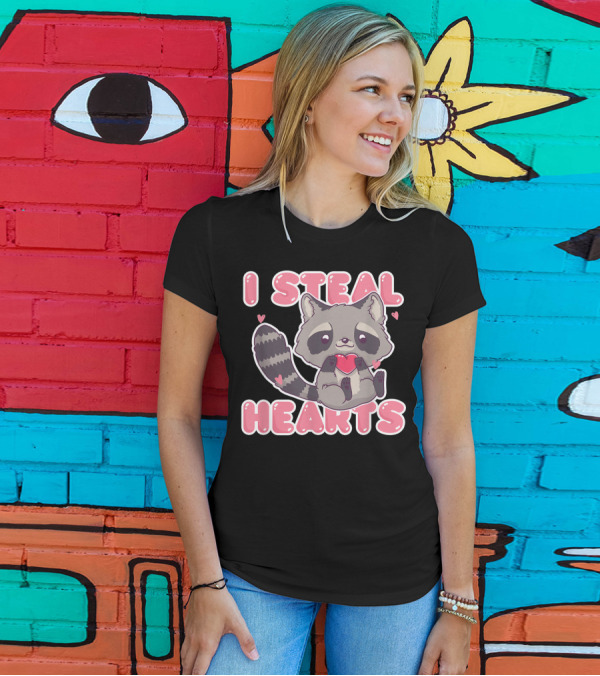I Steal Hearts Cute Raccoon Holding Heart T-Shirt