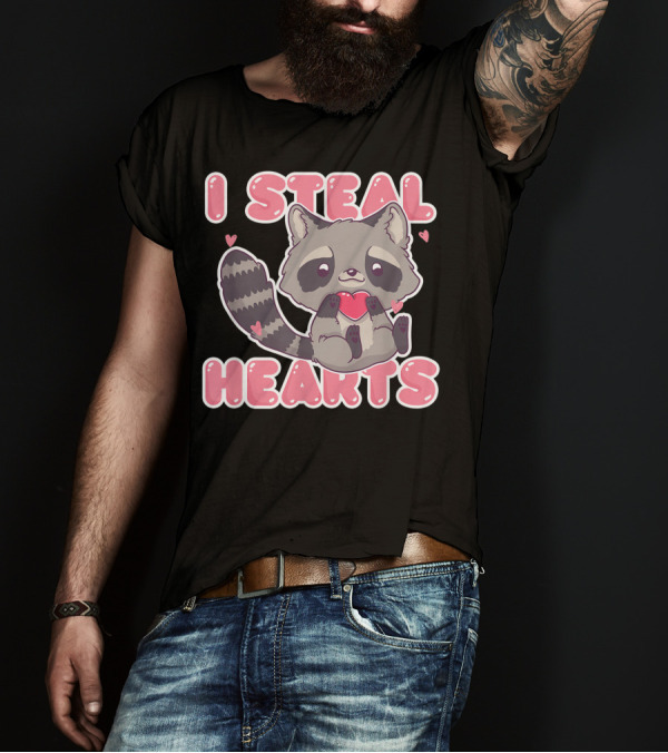 I Steal Hearts Cute Raccoon Holding Heart T-Shirt
